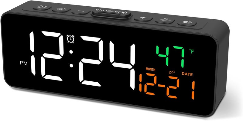 Netzu 3-in-1 Digital Clocks for Living Room with Temperature, Date & Time Display - 4 Levels Birghtness, 3 Volumes, Small & Compact Plug-in Alarm Clock for Bedroom, Office (Black) - Image 1